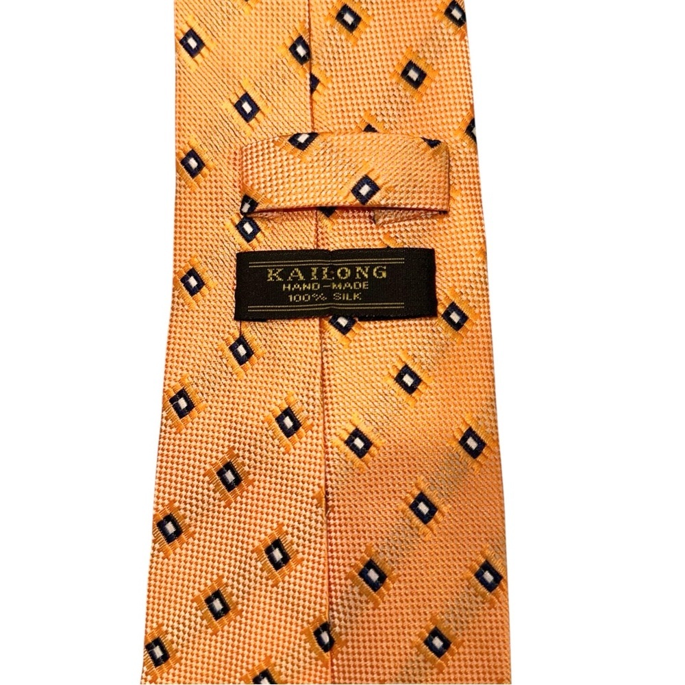 Vtg Kai Long Mens Tie Handmade Silk Orange Diamond Geometric Necktie 59x3.75” - Picture 3 of 5